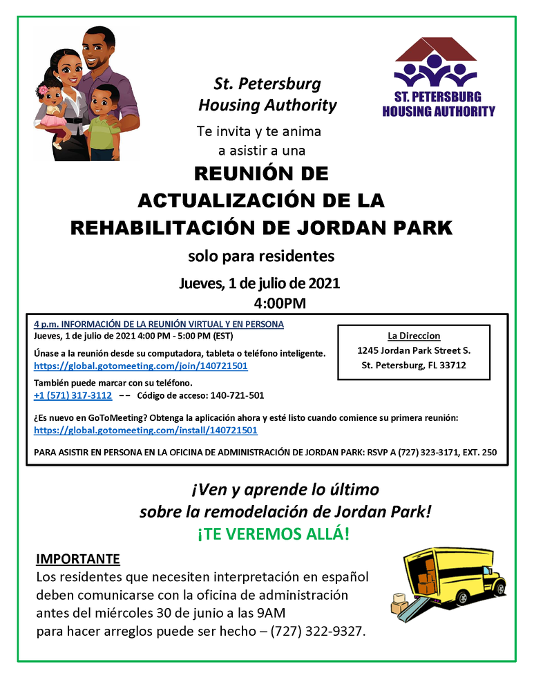 Jordan Park 2021 Relocation Plan Meeting Flyer Spanish