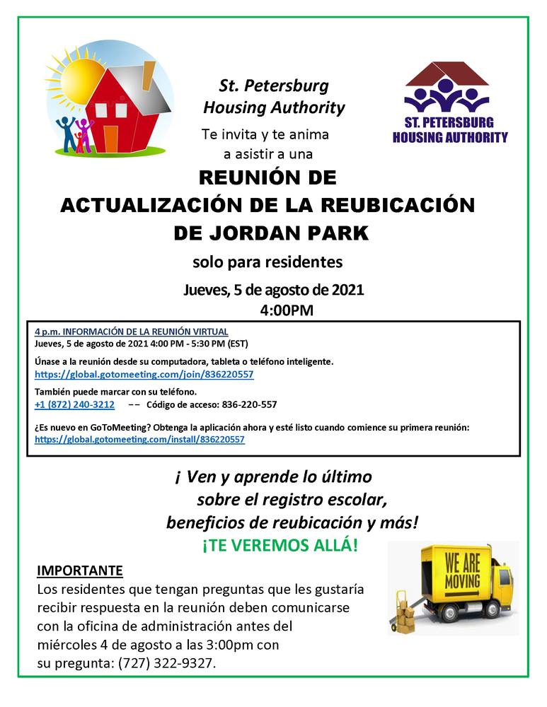 Jordan Park 2021 Relocation Plan Meeting Flyer - August 5 2021 (Spanish) - REVISED