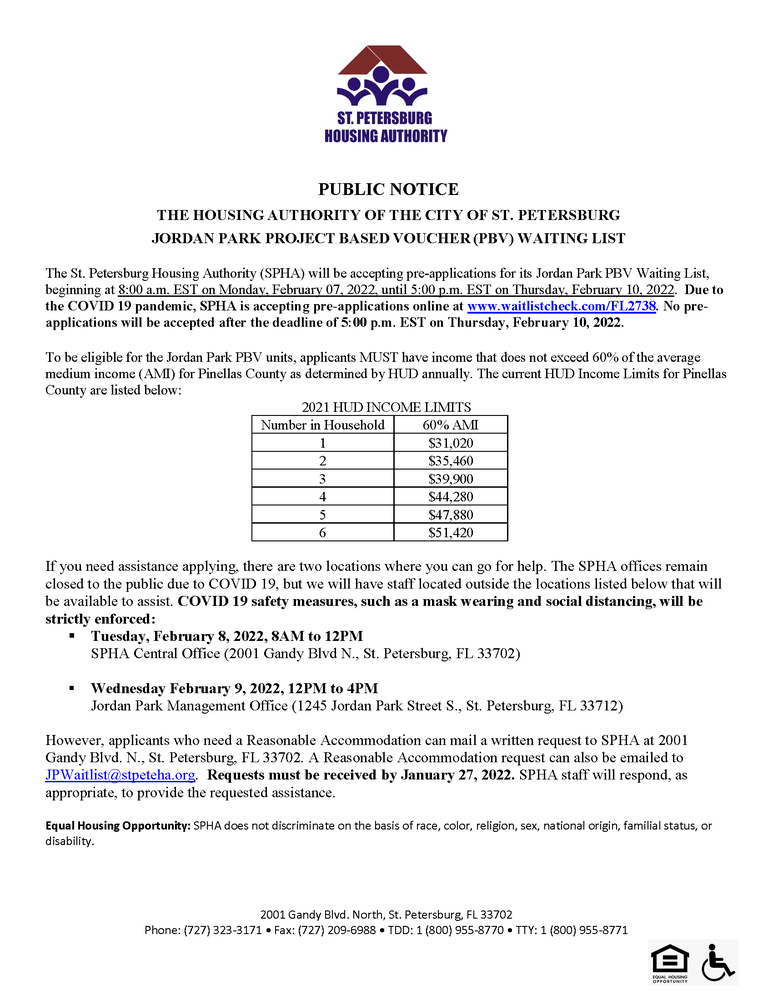 Announcement for Jordan Park PBV Waiting List