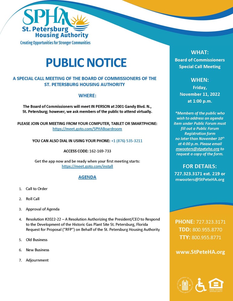 SPHA Special Call Public Notice Agenda