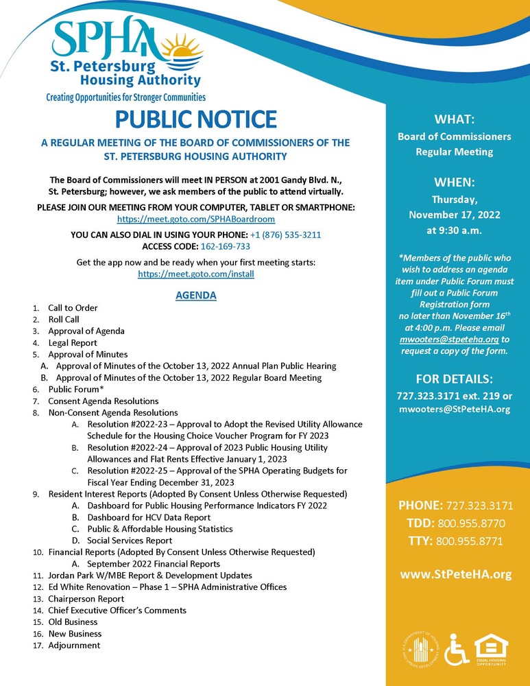 SPHA Public Notice with link and agenda