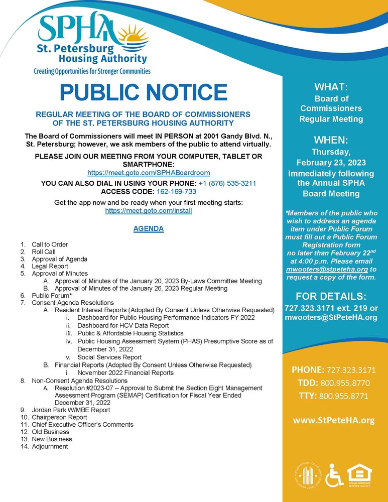 Regular SPHA Board Mtg Public Notice 02-23-23 Agenda