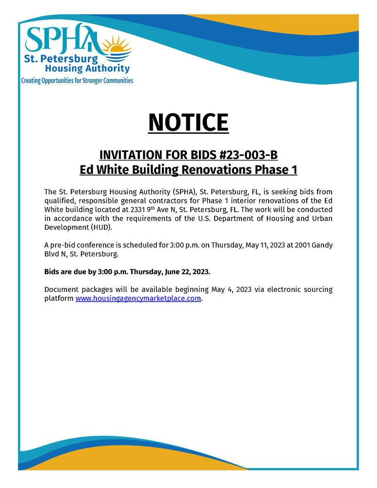 INVITATION FOR BIDS #23-003-B Ed Building Renovations Phase 1 - News Archives St. Petersburg Housing Authority - RISE | St. Petersburg, Florida