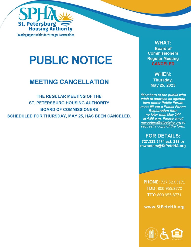 Regular SPHA Board Mtg Cancelation Notice 