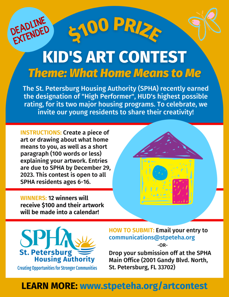 Flyer of Kid's Art Contest with kid's drawing of a house.