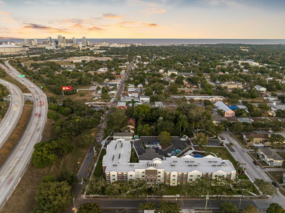 The Legacy at Jordan Park senior midrise building aerial photo by Arnold Novak Photography.