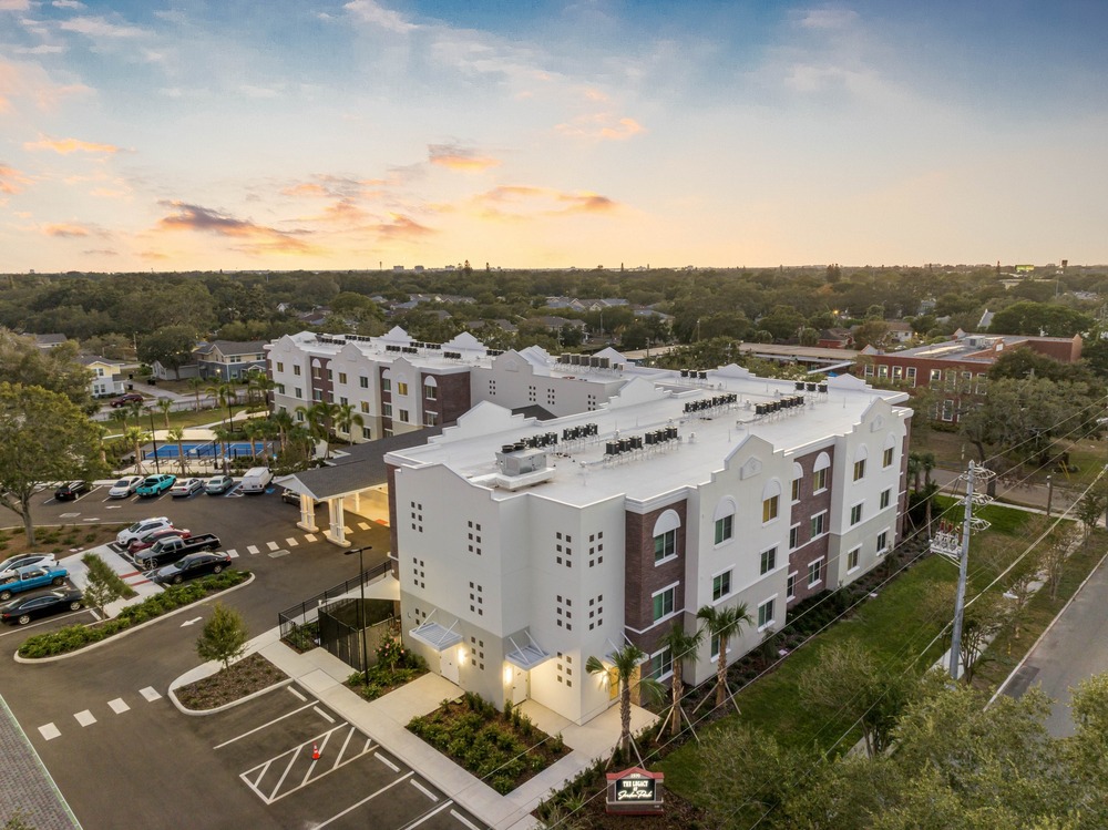 The Legacy at Jordan Park senior midrise building aerial photo by Arnold Novak Photography.