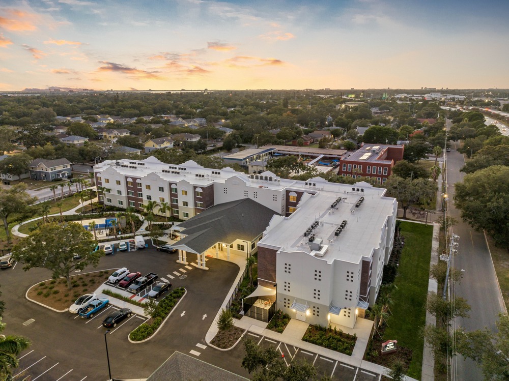 The Legacy at Jordan Park senior midrise building aerial photo by Arnold Novak Photography.