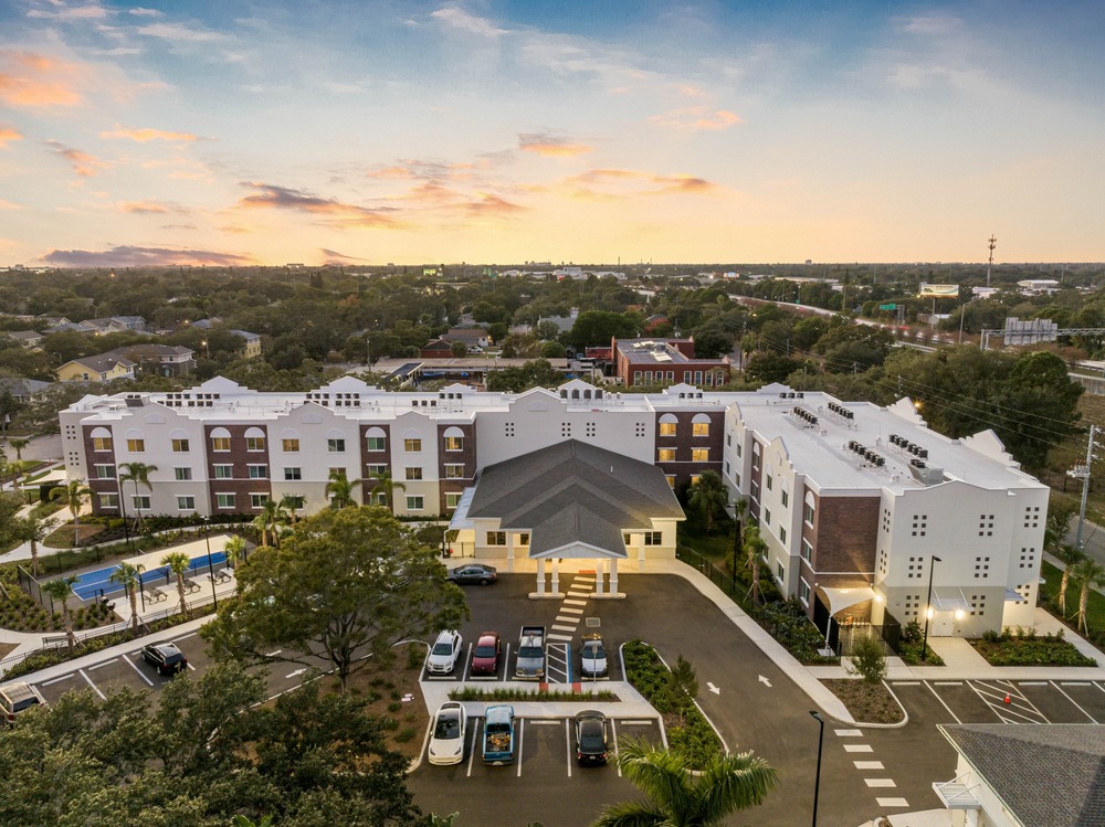 The Legacy at Jordan Park senior midrise building aerial photo by Arnold Novak Photography.