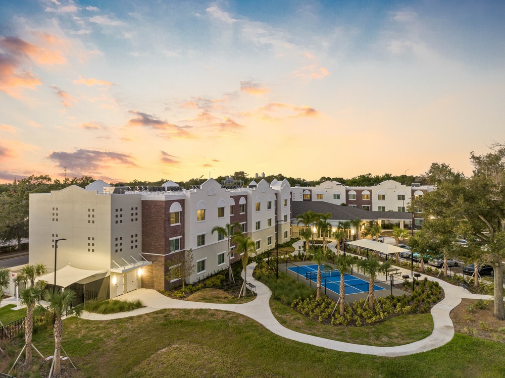 The Legacy at Jordan Park senior midrise building aerial photo by Arnold Novak Photography.