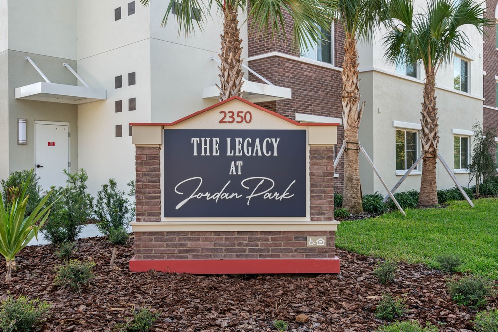 Outside of The Legacy at Jordan Park senior mid-rise building.