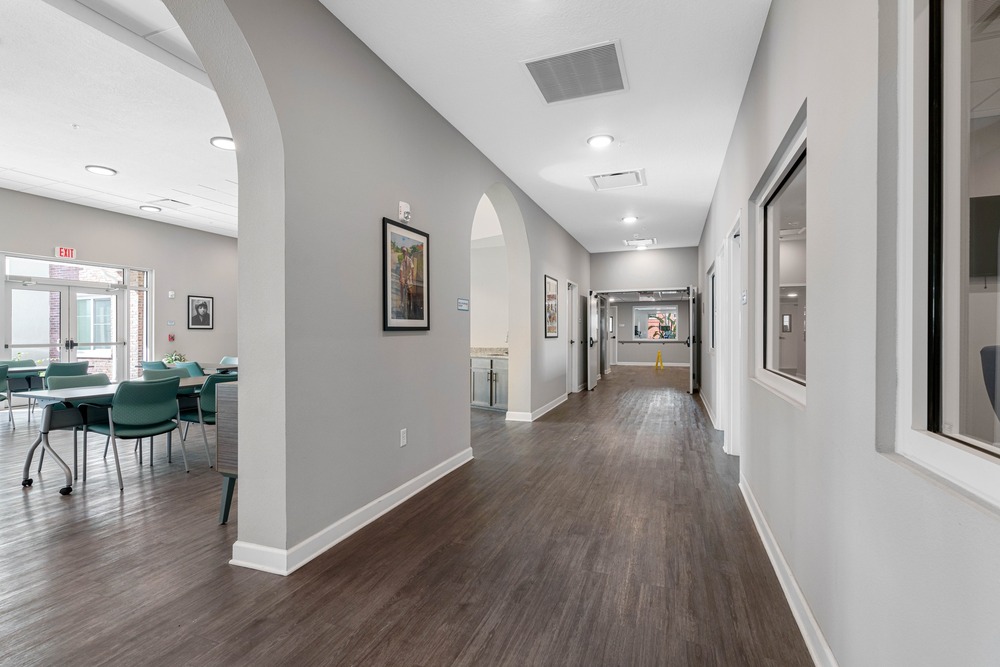 Inside downstairs hallway at The Legacy at Jordan Park senior midrise building.