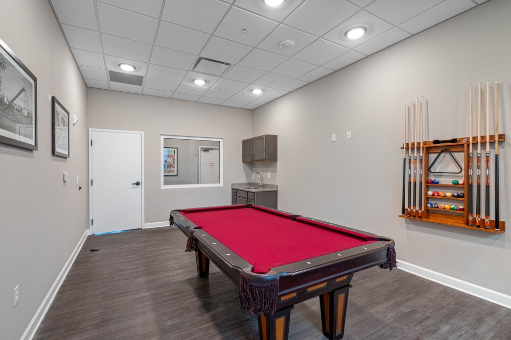 Pool room inside The Legacy at Jordan Park senior midrise building.