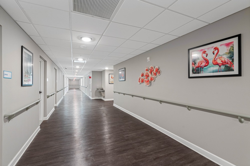 Hallway inside The Legacy at Jordan Park senior midrise building.