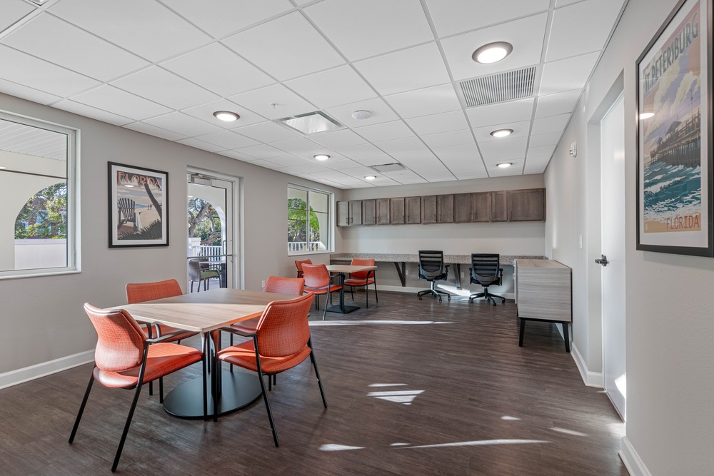 Community room in The Legacy at Jordan Park senior midrise building.