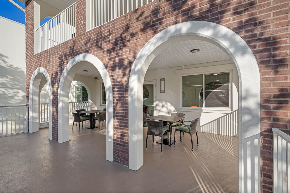 Community balcony in The Legacy at Jordan Park senior midrise building.