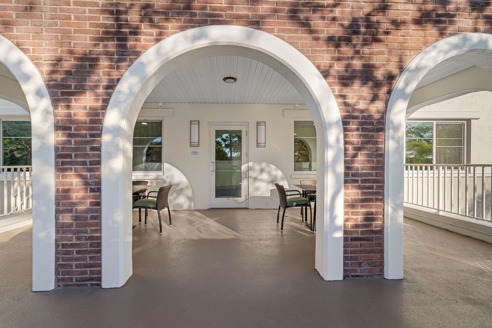 Community balcony in The Legacy at Jordan Park senior midrise building.