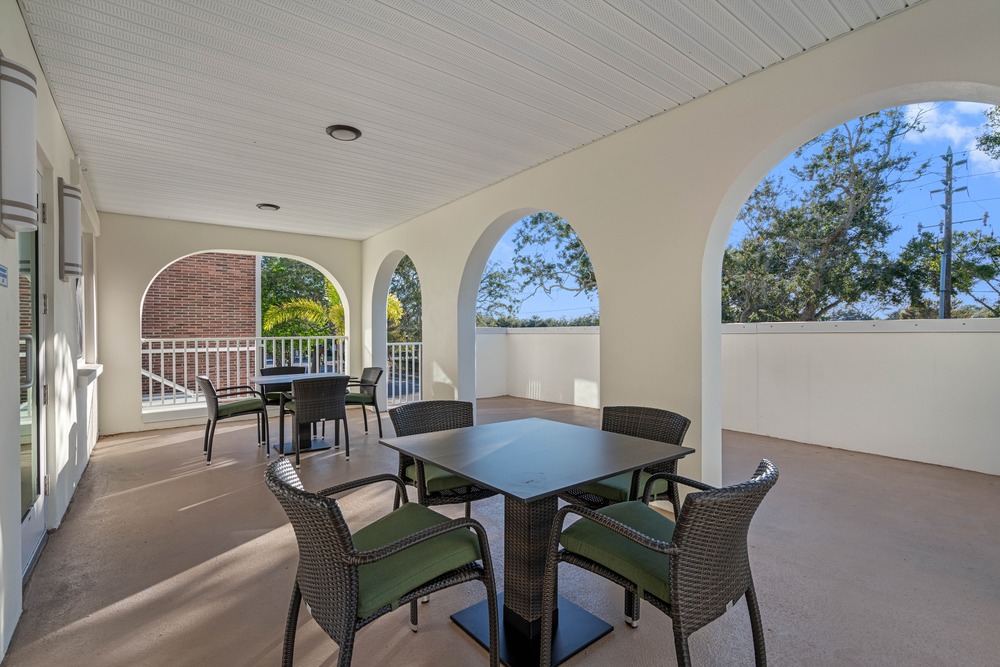 Community balcony in The Legacy at Jordan Park senior midrise building.