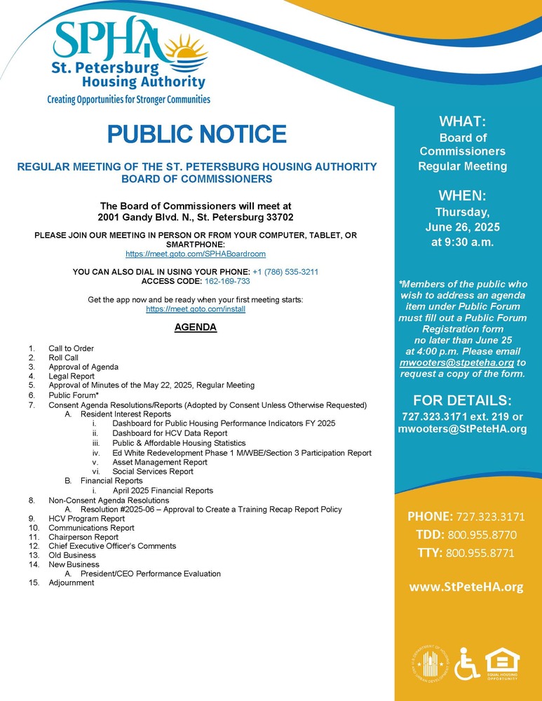 SPHA Board Meeting Public Notice flyer.