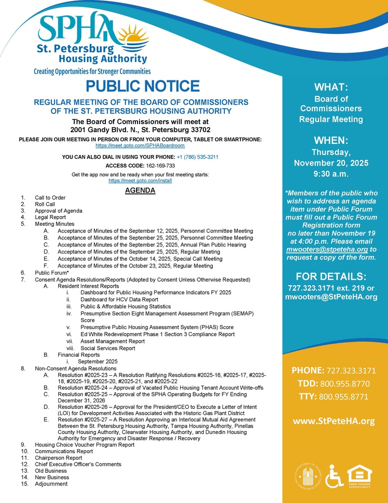 Public Notice Flyer for the SPHA Board Meeting happening November 20, 2025.