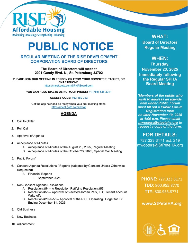 Public Notice Flyer for the RISE Board Meeting happening November 20, 2025.