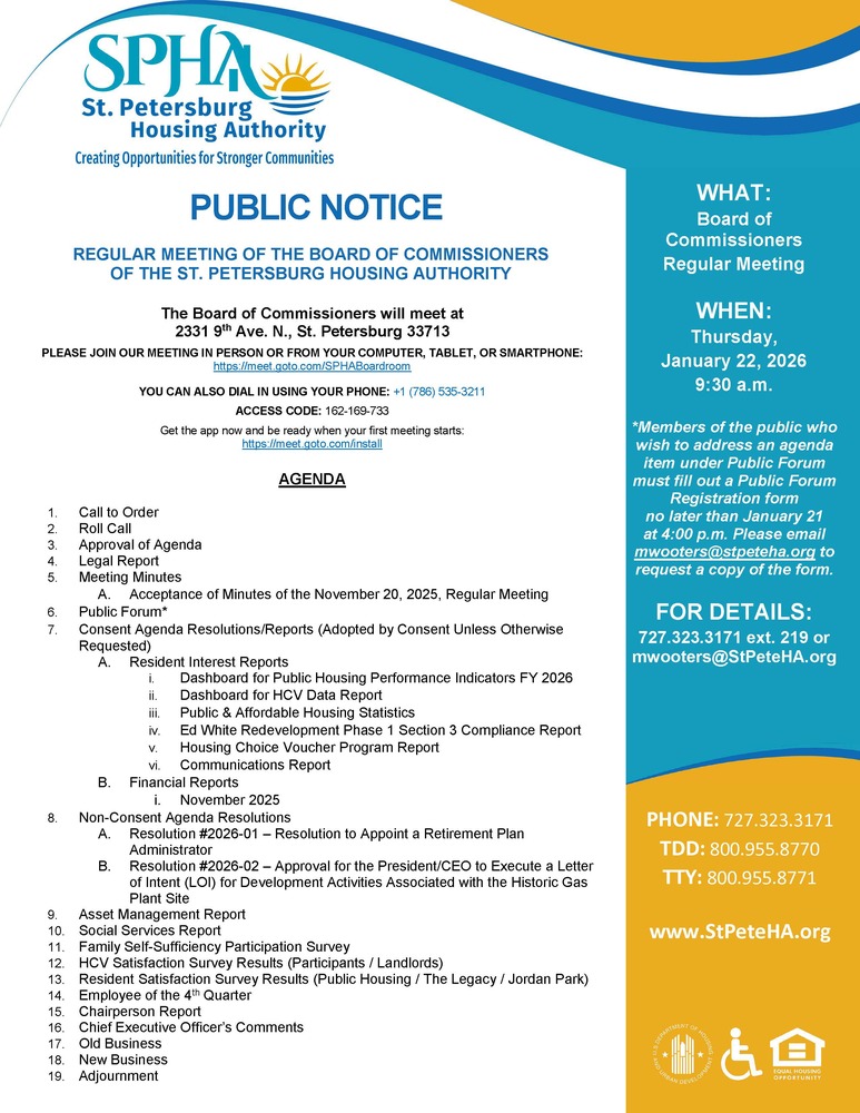 SPHA Board Meeting for January 22, 2026, Public Notice Agenda Flyer.