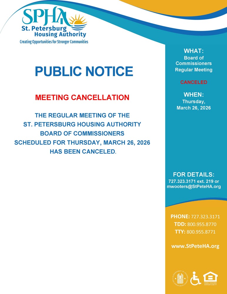 Flyer of Regular SPHA Board Meeting Cancelation Notice for March 26, 2026.
