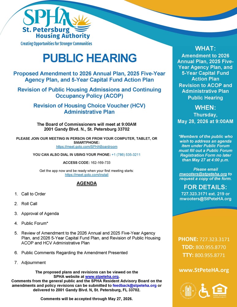 Flyer of the SPHA Public Plan Hearing Public Notice for May 28, 2026.
