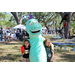 Two children with dinosaur mascot at Spring Family Picnic in Jordan Park.